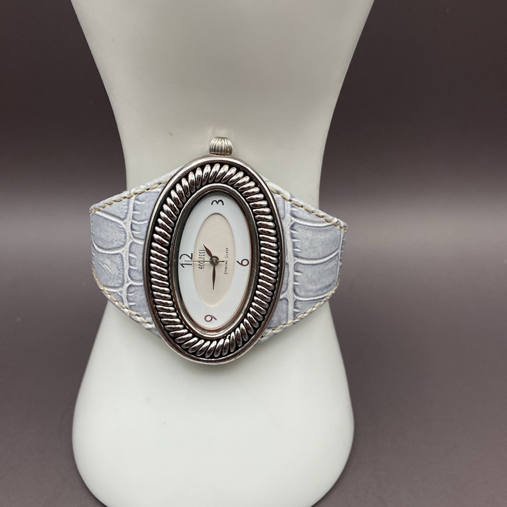 Ecclissi Sterling Silver Oval Rope Design Watch With Genuine Leather Band Grey - Picture 2 of 11